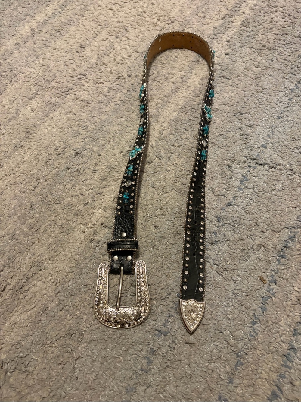 Nocona Black Leather Western Bling Belt Size L Turquoise Cross Rhinestone⁠